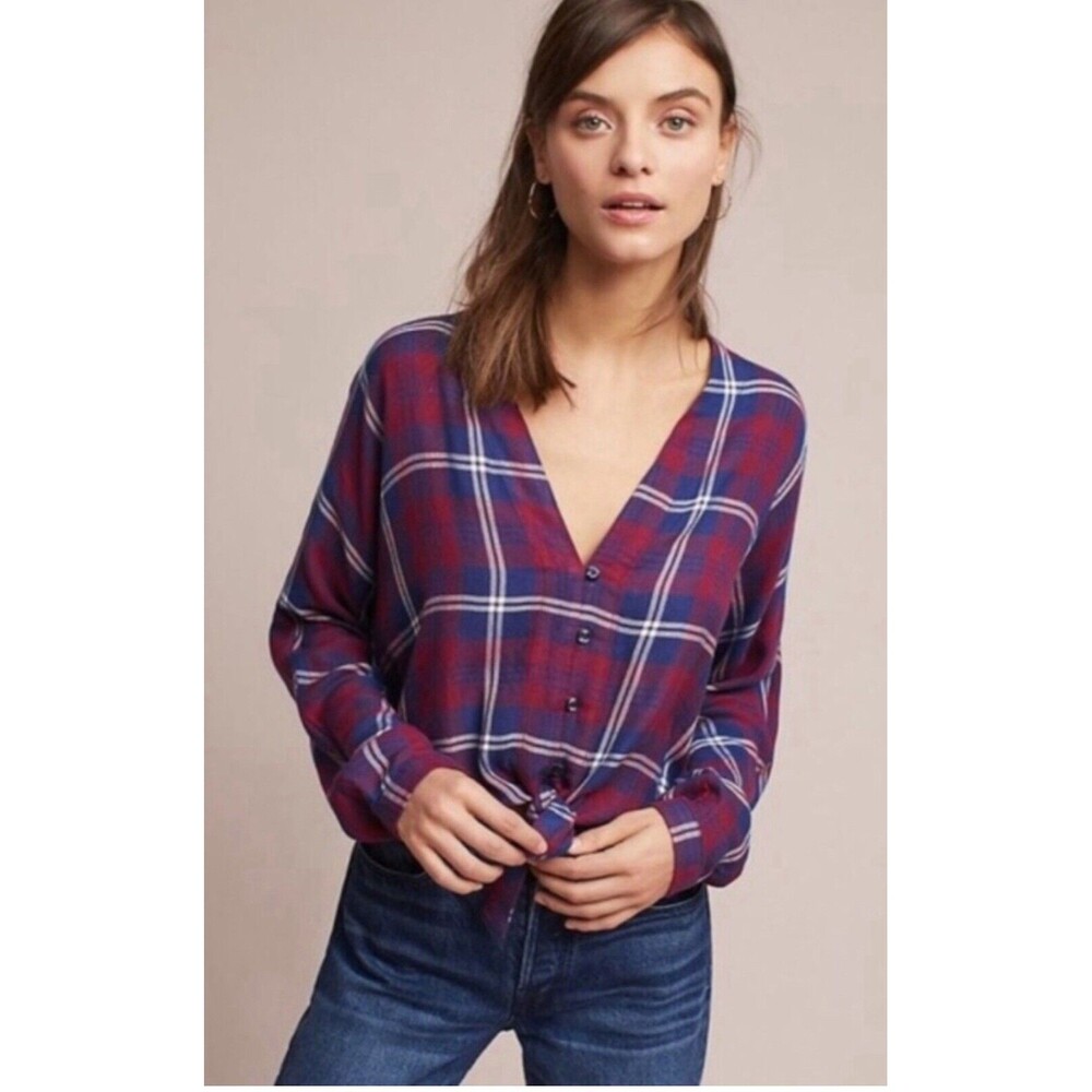 Anthropologie Rails Sloane Plaid Crop Long Sleeve Tie Front Shirt Size Small